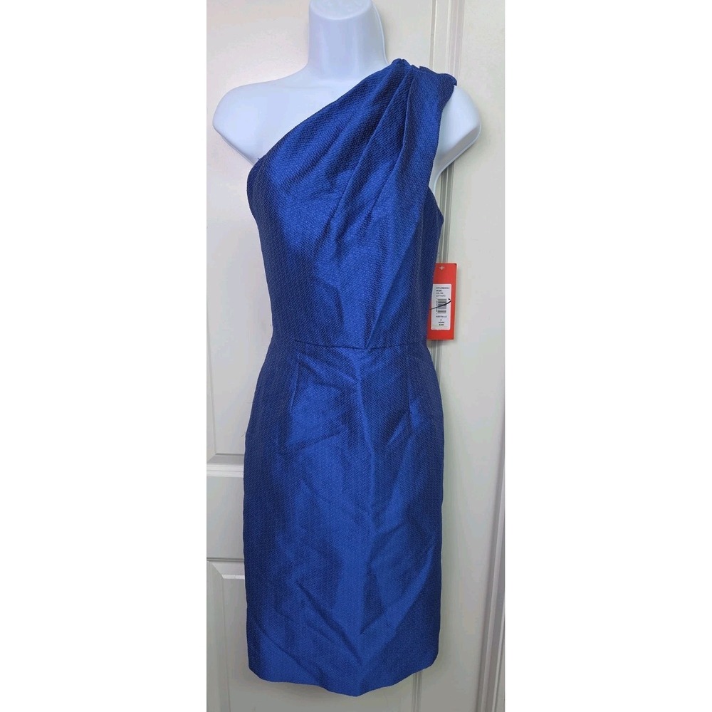 $398 NWT Monique Lhuillier Cobalt Blue Silk Blend One Shoulder Cocktail Dress 8